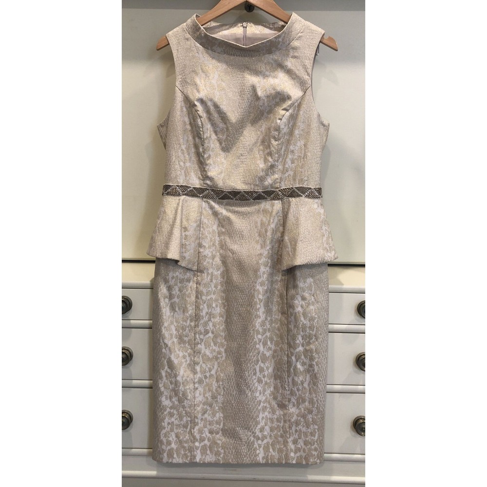 Badgley Mischka Gold Metallic Snake Skin Sleeveless Cocktail Sheath Dress Sz 12